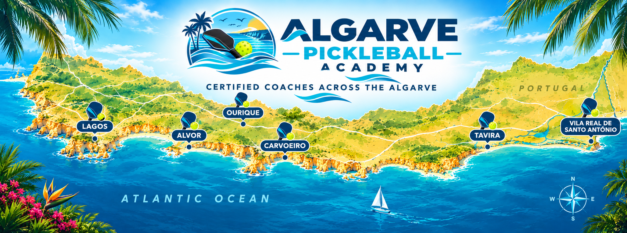 Map of the Algarve showing Algarve Pickleball Academy certified coach locations